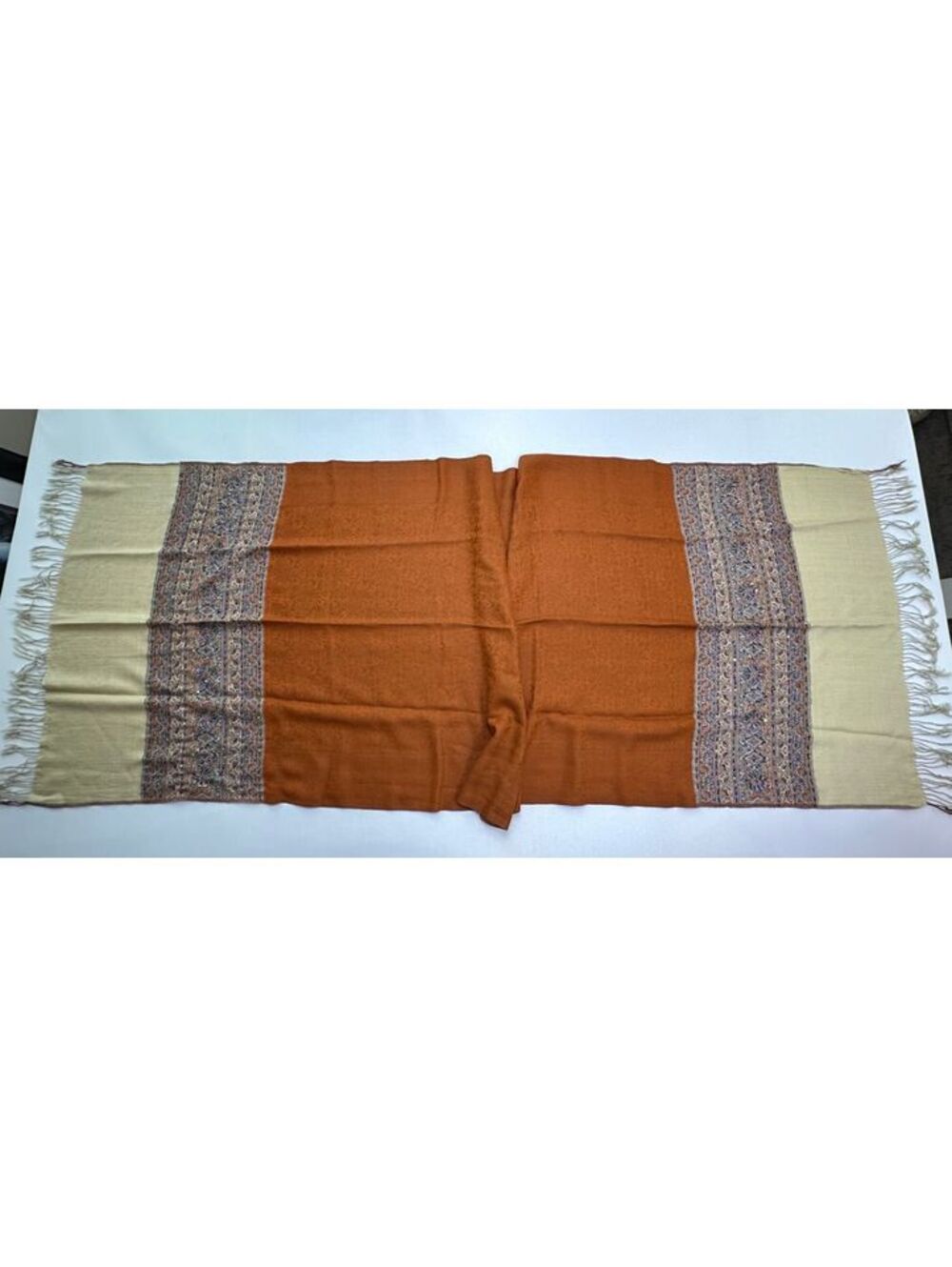 Boho Embellished Paisley Shawl Wrap Scarf Burnt Orange Beige Sequins Fringe